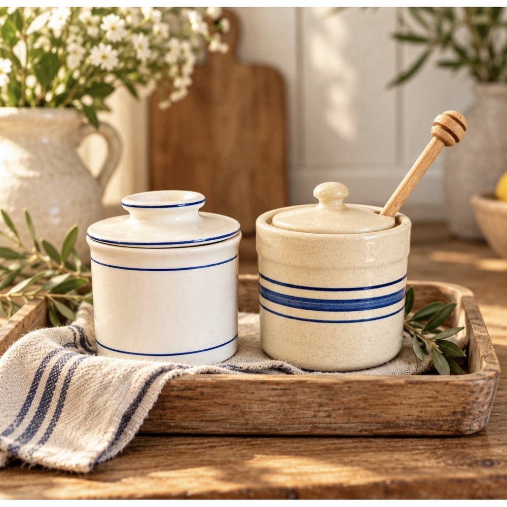 Blue & White Butter Bell Honey Pot Set French Country Farmhouse Cottage Core